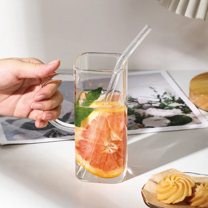 400ML  Premium Borosilicate Square-shaped  Glass Coffee Mugs Milk Cup with colored handle