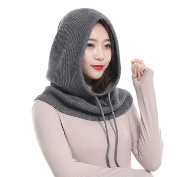 F-4885 new fashion knitted 100% cashmere beanie cap hooded scarf crochet warm wraps winter for woman