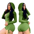 New Hood 2021 New Hot Summer Jacquard Hood Workout 2 Piece Long Sleeve Yoga Hoodie Shorts Set