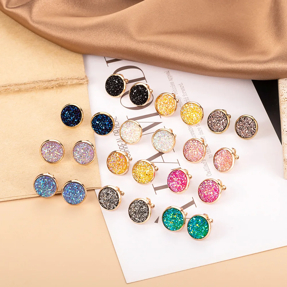 12 Pairs/set Fashion Clipon Earrings Cute Colorful Druzy Earrings For
