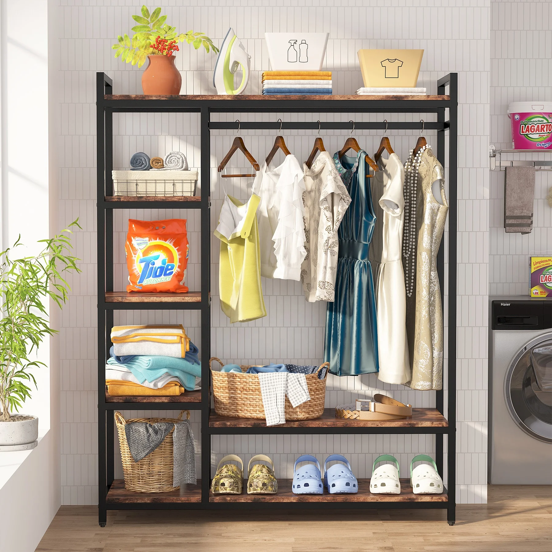 Freestanding Closet Organizer, Garment Rack with 6 Shelves