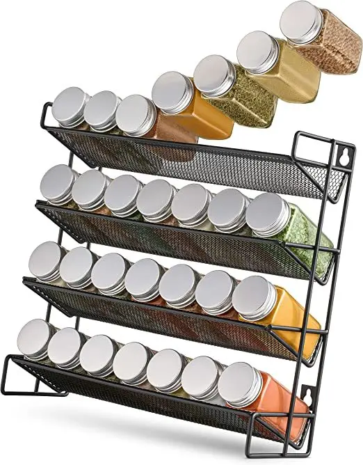 Wholesale Spice Bottle Organizer Rack Customized Black Four Layers Kitchen Shelf Wall Mounted Perforated Spice Rack Cabinet