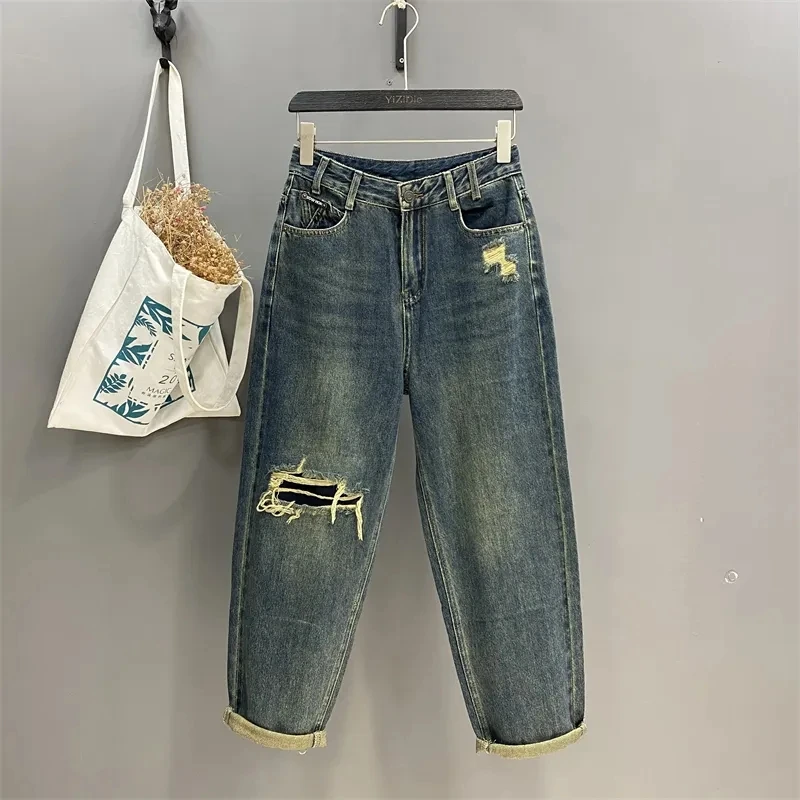 Wholesale New Fashion Women Denim Jeans Slant Waist Button Wide Leg Straight Retro Trousers Pants Street Girls Casual Jeans