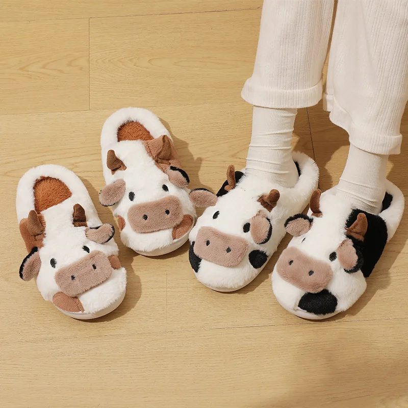 Autumn winter warm home indoor anti slip cartoon animal cow plush slippers for woman