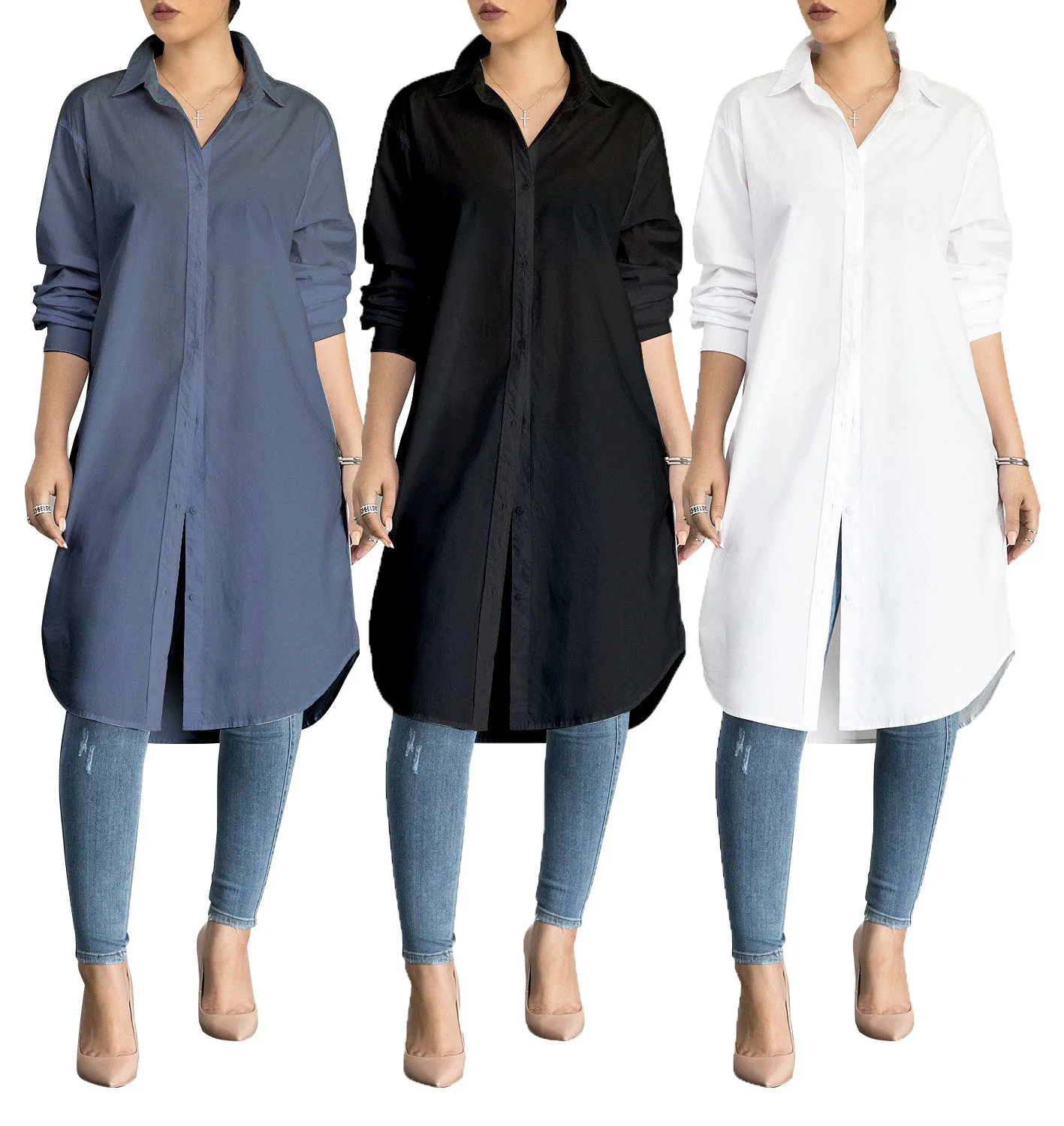 Women's Long Sleeve Knee Length Shirt Solid Color Long Line Shirt Dress White Black Long Shirt Button Up Ladies Blouse