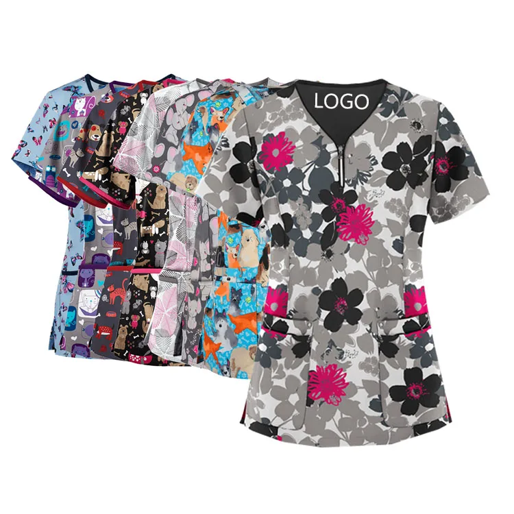 Breathable Patterned Short Sleeve V-Neck Plus Size Shirts Tee Tops with Pockets Print Nurse Uniforms for Women 