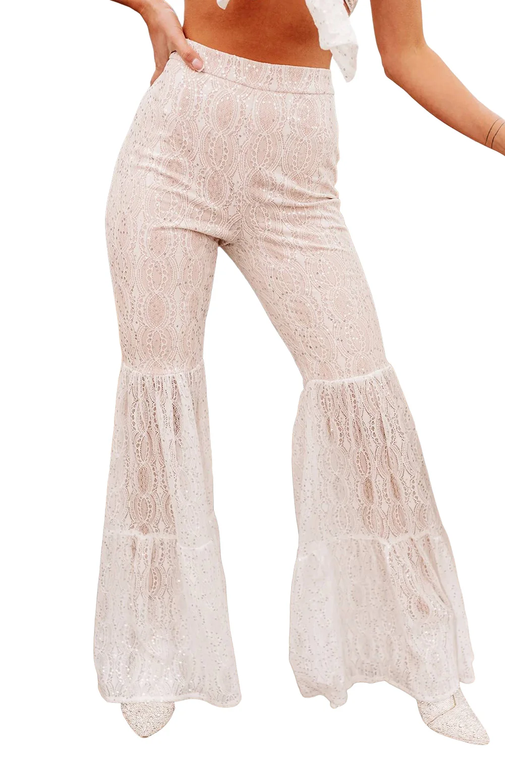 Dear-Lover Y2K Elastic Waist White Lace Tiered Ladies Trousers High Waist Flare Women Sequin Pants