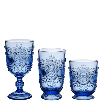 Samyo Own Patent Pressed Glass Cups Embossed Drinking Glassware Retro Wedding Goblet Custom Vintage Colored Wine Glasses