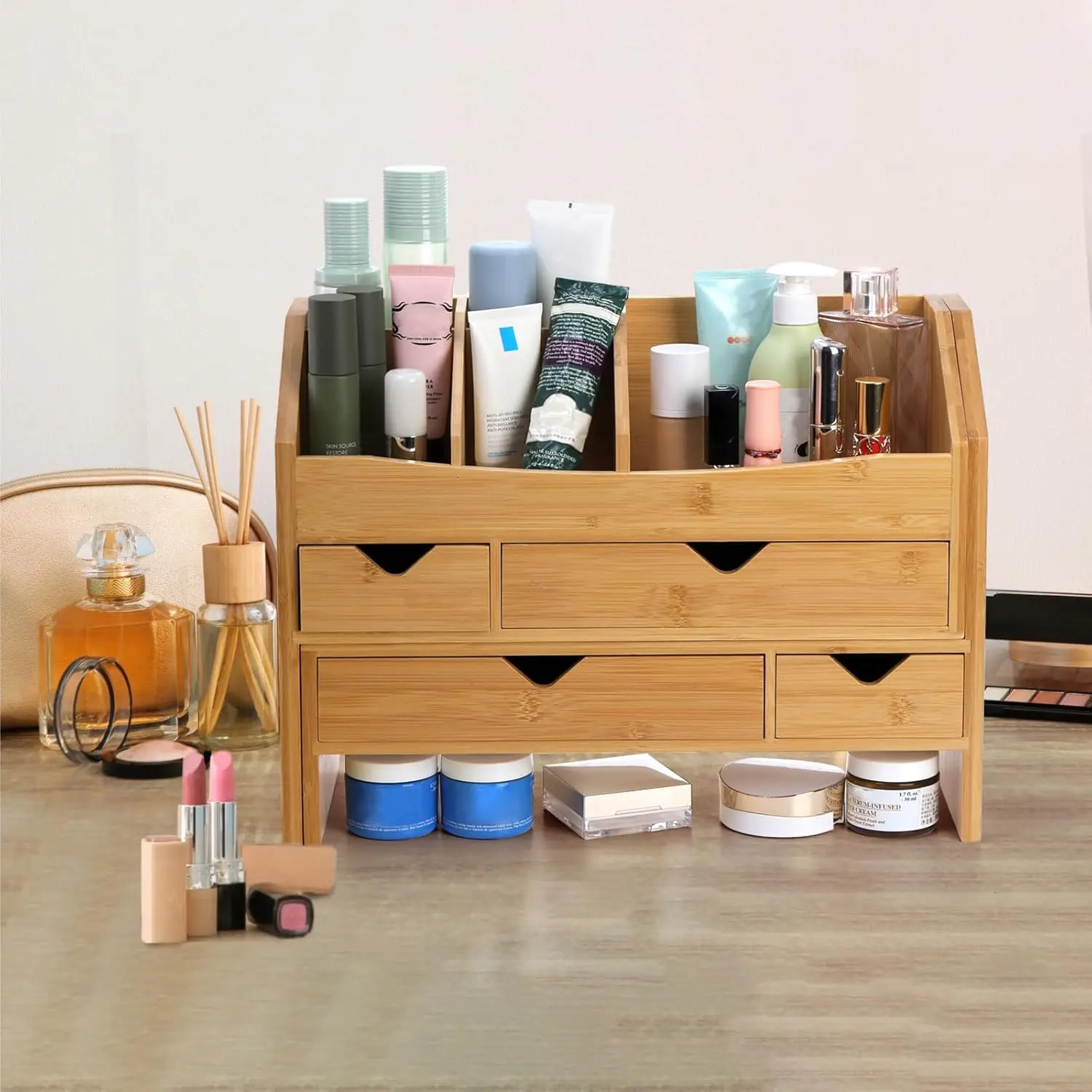 product bamboo desk organizers with adjustable file holder mini desk drawer tabletop organization box with 4 drawers for home office-2