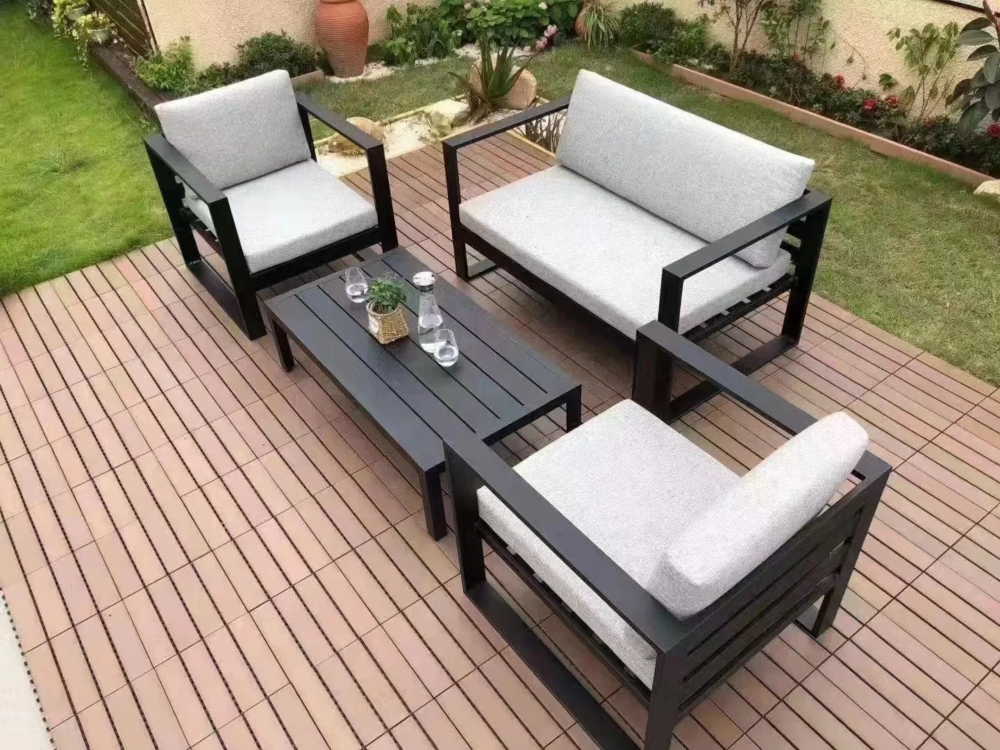 Patio Garden Furniture Sets Modern Plastic Wood Outdoor Sofa with Table Waterproof Sectional Sofa Set