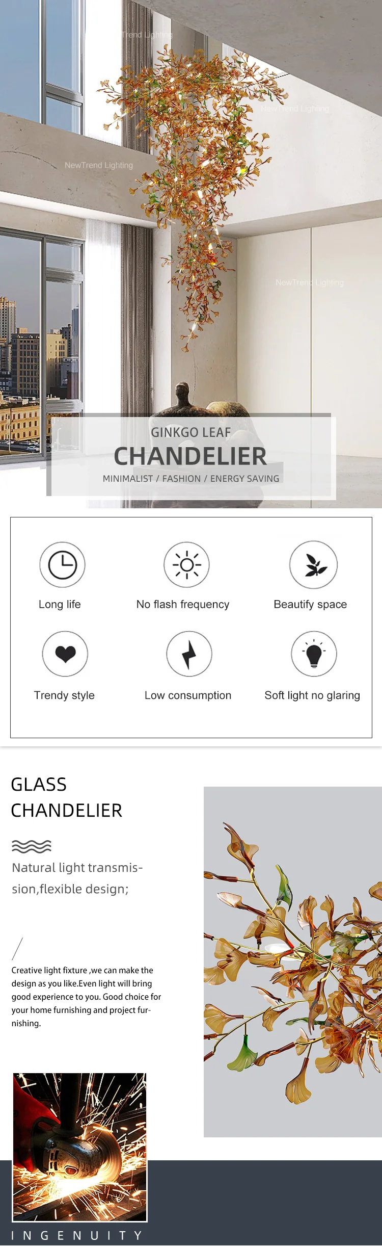 CPL-151 Custom Indoor Decoration Living Room Dining Room Villa Ginkgo Leaf Glass LED Chandelier Lamp manufacture