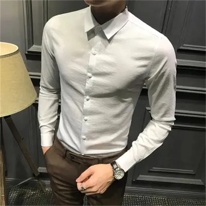 Wholesale Men's Europe-American Plaid Printed Stretch Long-sleeved Business Men Office Dress Shirt