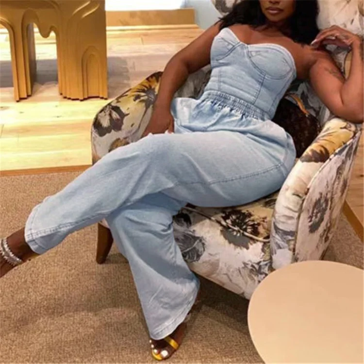 Women Sexy Tube Top and Wide Leg Pants Denim Two Piece Set Matching Fall 2023 Fashion Jean Tracksuits
