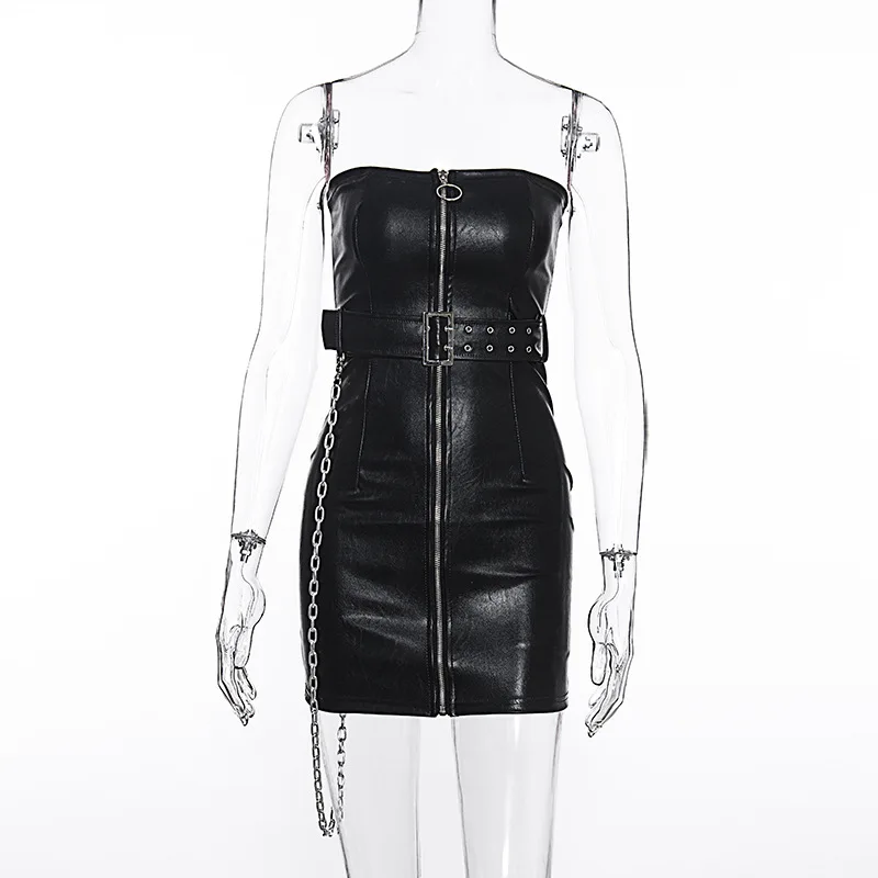 2022 Wholesale Women Clubwear Sexy Sleeveless Cool Styles Skinny Bodycon Chain Zipper Mini Leather Dress