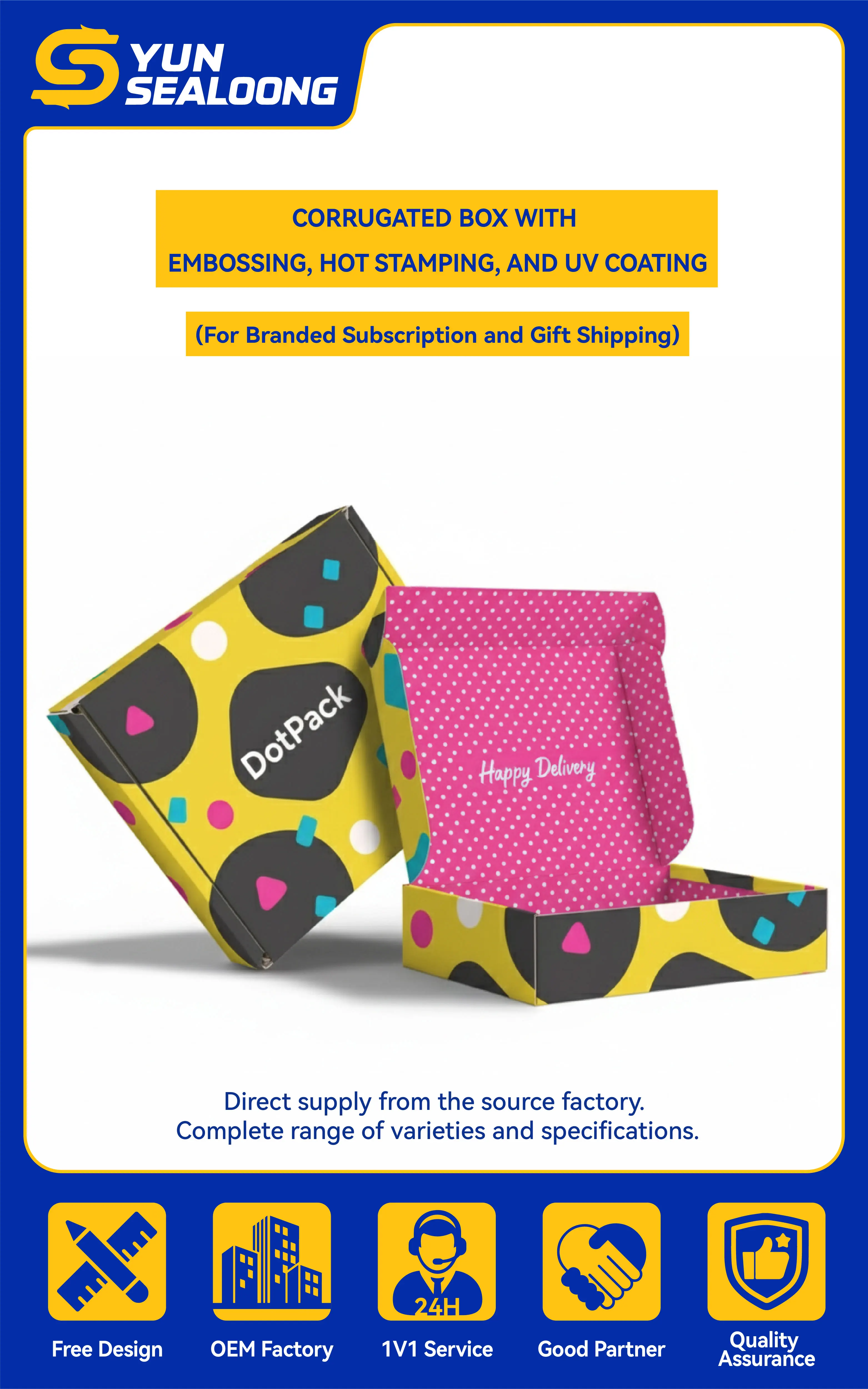 Custom Printed Corrugated Box with Embossing, Hot Stamping, and UV Coating for Branded Subscription and Gift Shipping
