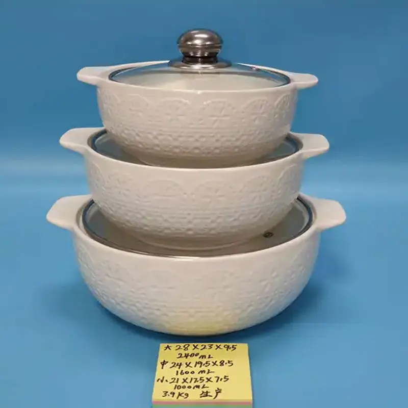 2023 In Stock Porcelain Tableware White Cheap Casserole Pot Embossed Ceramic Soup Pot Sets with Glass Lid
