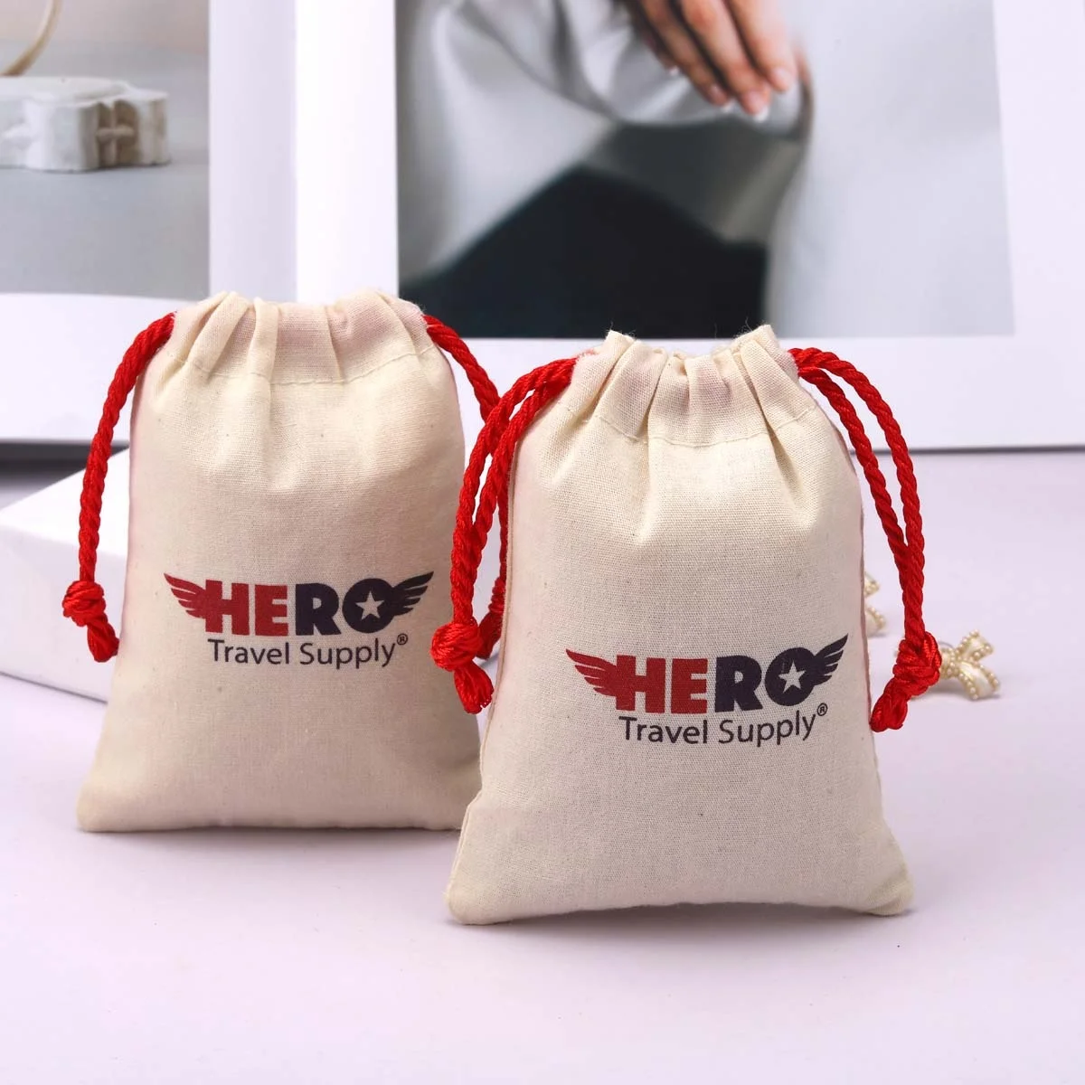 Luxury Custom Logo Printing Natural Cotton Muslin Patch Jewelry Bag Small Soft Gift Cotton Drawstring Pouch
