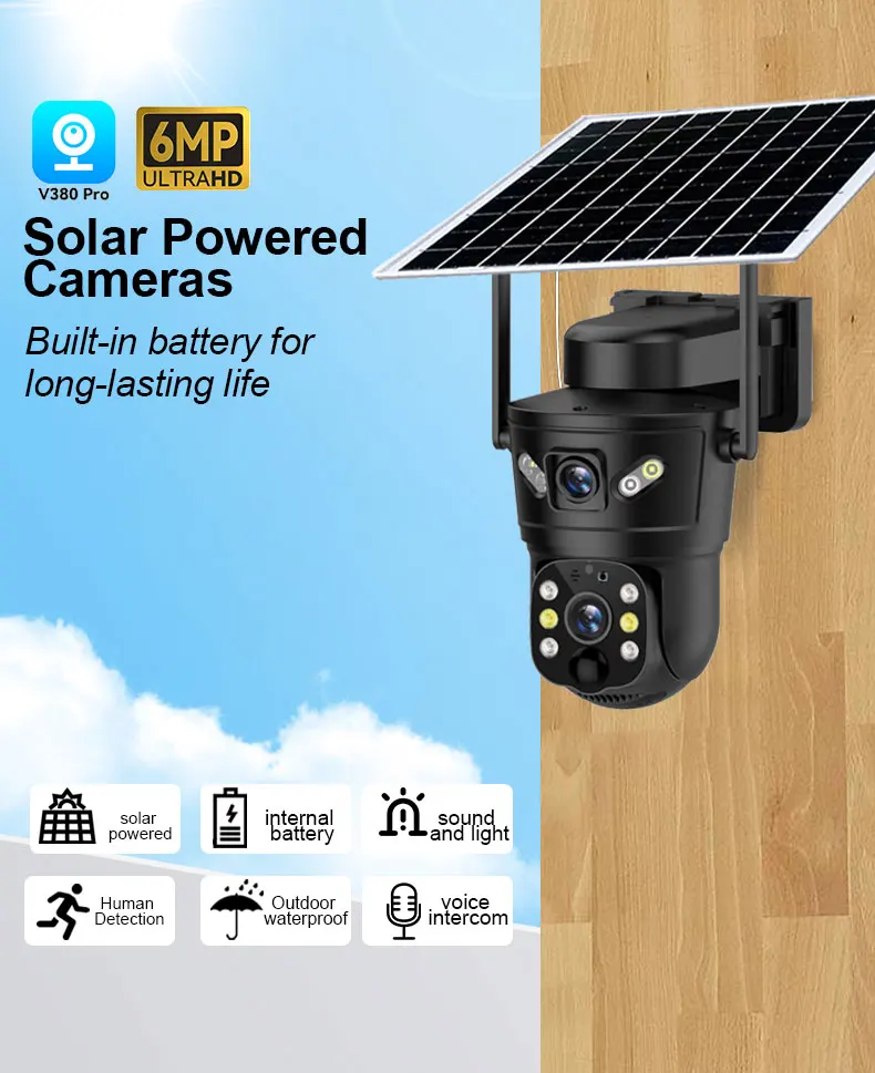 V380 pro 6MP户外无线摄像头ptz太阳能家用防水安全电池供电无线4g高清sim卡摄像头监控