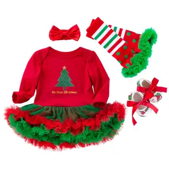 Christmas Gift Newborn Clothing Set Baby Girls Dress Cotton Mesh Ruffles Girl Christening Gowns 4pcs 1st Christmas Dress Set