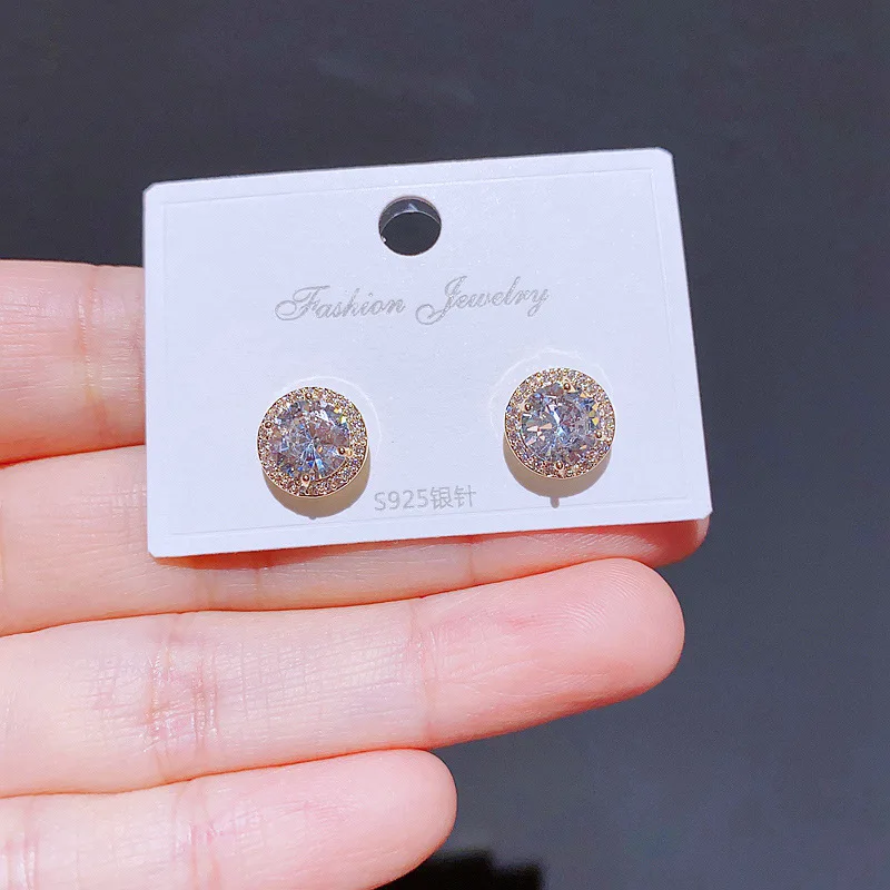Luxury Real Gold Plated S925 Silver Needle Zircon Stud Earrings For Women Shiny Cz Geometric Earrings Jewelry