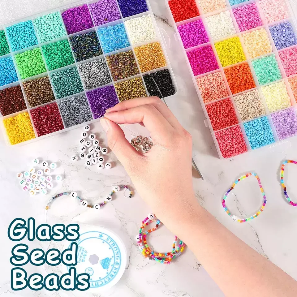48000pcs of tiny spacer glass beads set with metal charms DIY accessory for kids DIY beginner jewelry making kit