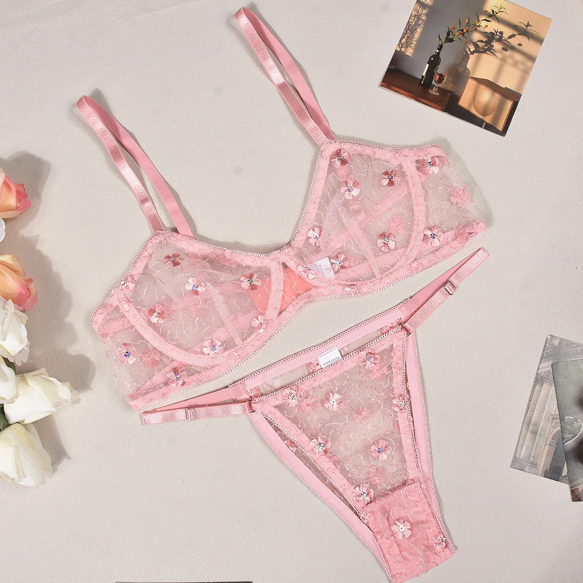 Sexy Transparent Lace Lingerie Set Women Floral Embroidery Underwear