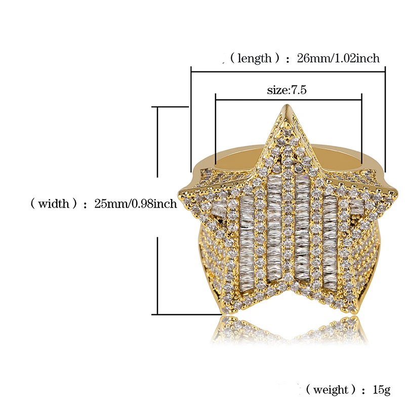 New European France style creative Design Gold Silver Color Five-pointed Star Ring Big Zircon Shiny Hip Hop Finger Ring jewelry