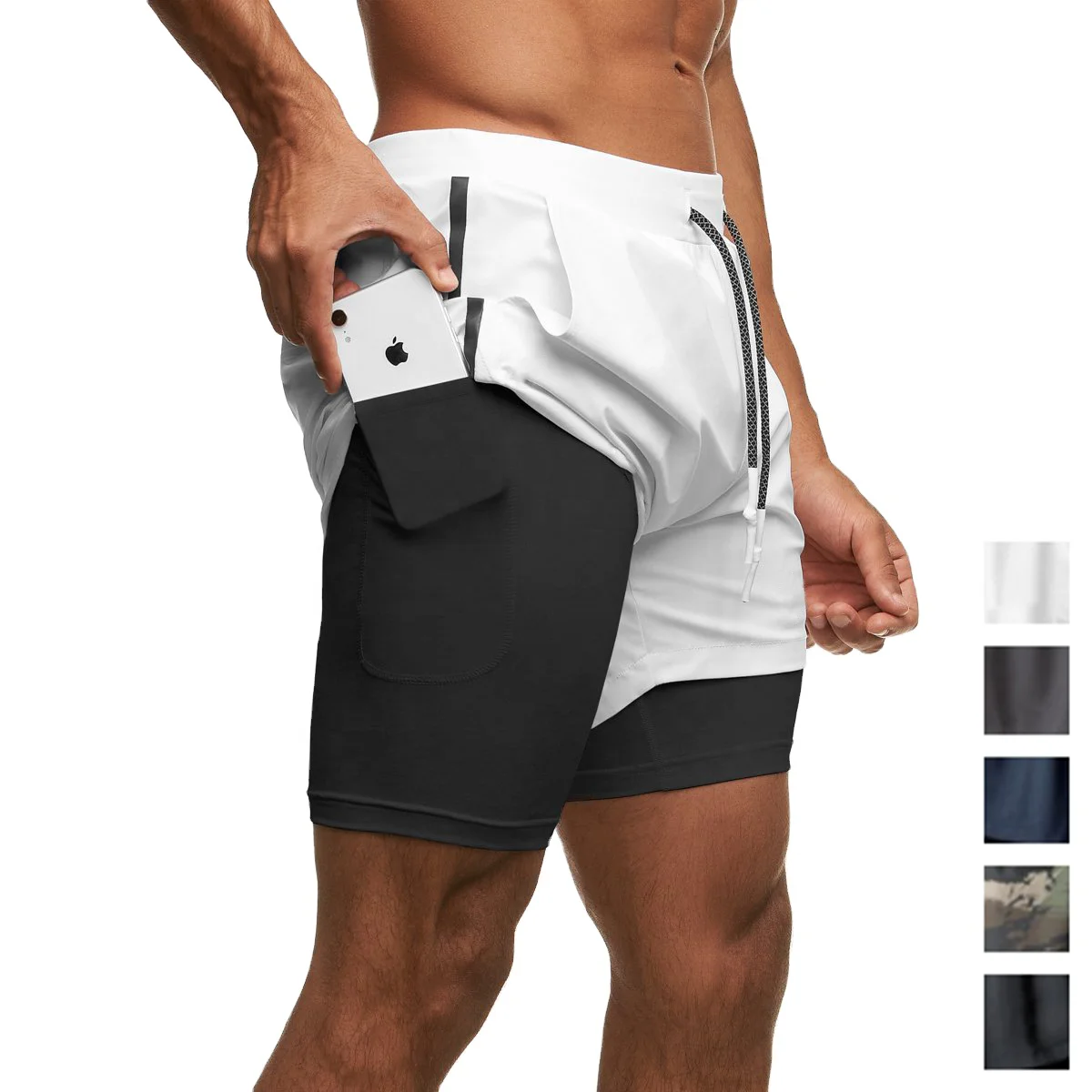 Mens Compression 2-in-1 Running Shorts Mesh with Towel Loop Workout Sports Gym 