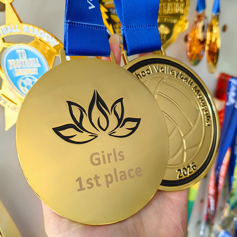 Custom Gold Metal Zinc Alloy Medals Modern Feng Shui 2D 3D Soccer Volleyball Awards for Sports Competitions Logo Personalization details