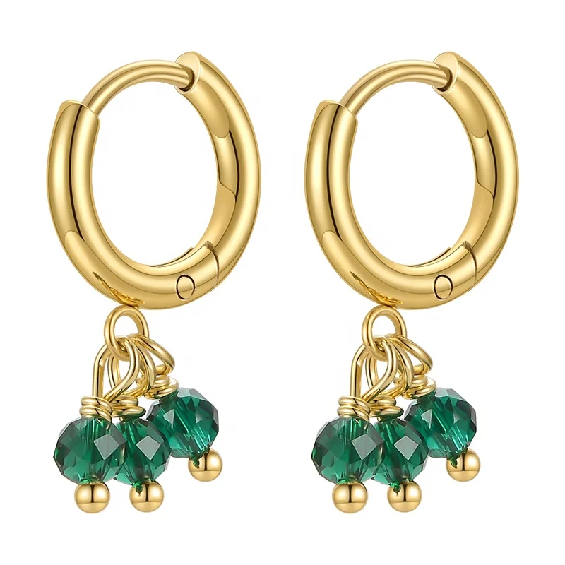 High Quality 18K Gold Plated Brass Jewelry Green Shiratama Stone Charms Hoop Drop Earrings E211268