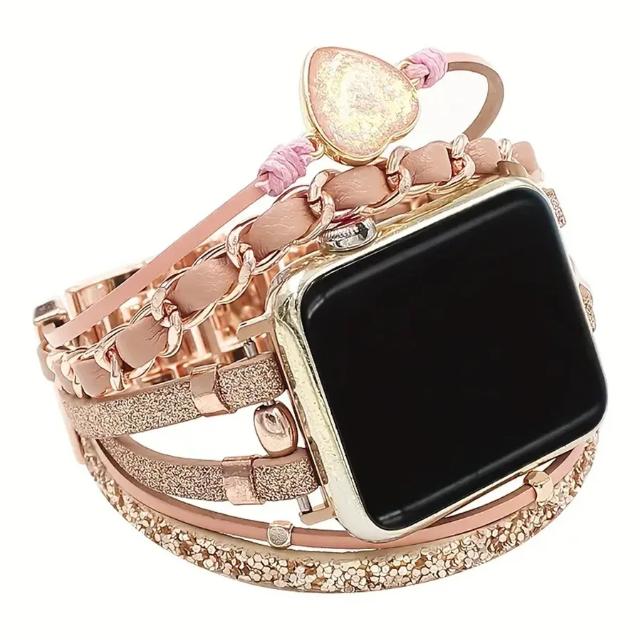 Bohemian Leather Chain Bracelet For iWatch 9/8/7/6 Fashion Luxury Women Heart Diamond Glitter Watch Straps For Apple Watch 49/45