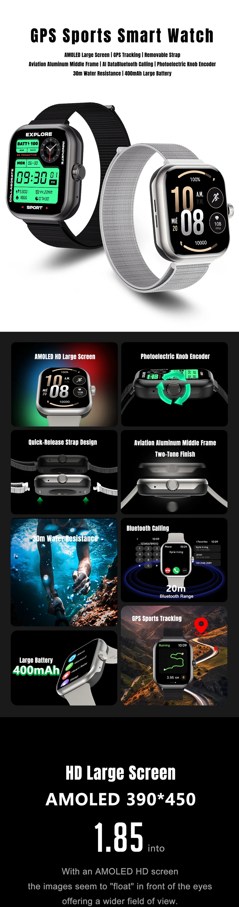product 2026 3atm waterproof smart watch s339 with gps app fitbeing 185inch amoled screen bt calling sport modes men women smartwatch-5