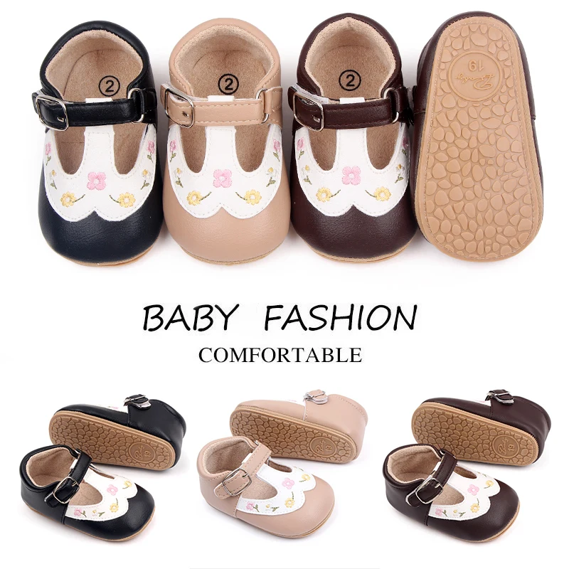 Wholesale Beautiful Flower Embroidery Soft PU Leather Spring Autumn Baby Toddler Girl Shoes Princess Girl Shoes factory