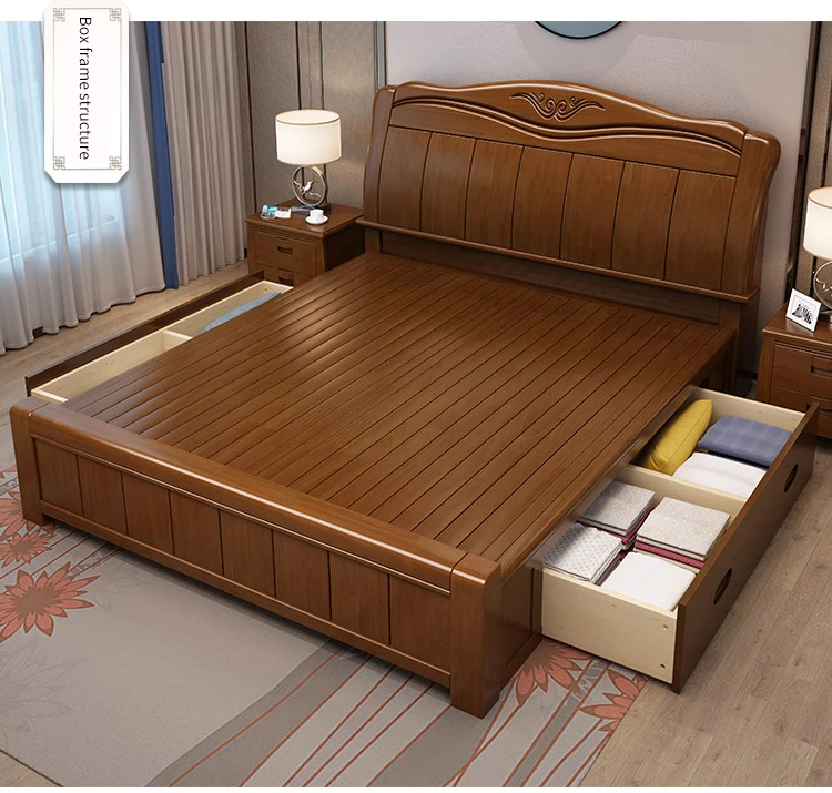Full Queen Size Solid Brown Wooden Platform Bed Frame 1 Under Bed Storage Drawer 