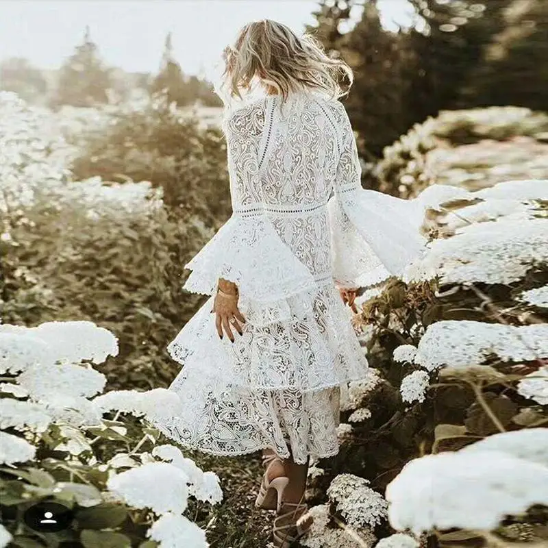 Women's Hollow Flower Embroidery White Lace Dress 2023 Layers Cake Ruffles Party Dresses Long Sleeve Short Dress