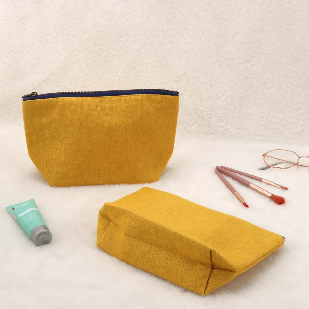 Reusable 100% Linen Zipper Stationery Cosmetic Pouch Custom Logo Printing Yellow Travel Cotton Makeup Bag