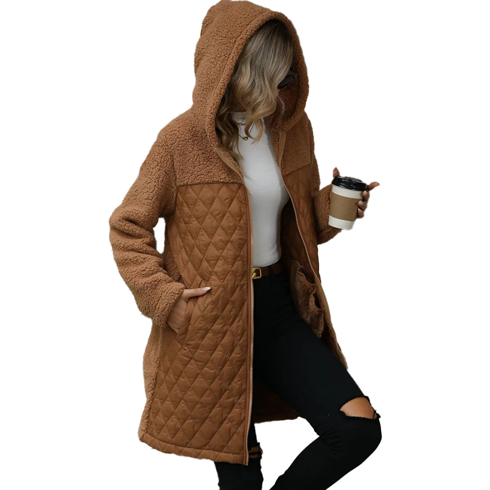 Wholesale high quality loose hooded zipper plush coat winter clothes for women fleece jacket