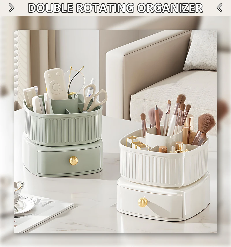 product 360 degrees rotating makeup brush holder with drawer makeup organizer countertop skincare storage for vanity desktop bathroom-3
