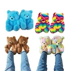 Slippers Bear New Design Rainbow Colors Children Plush Home Indoor Slippers Custom Bow Teddy Bear Fluffy Slippers