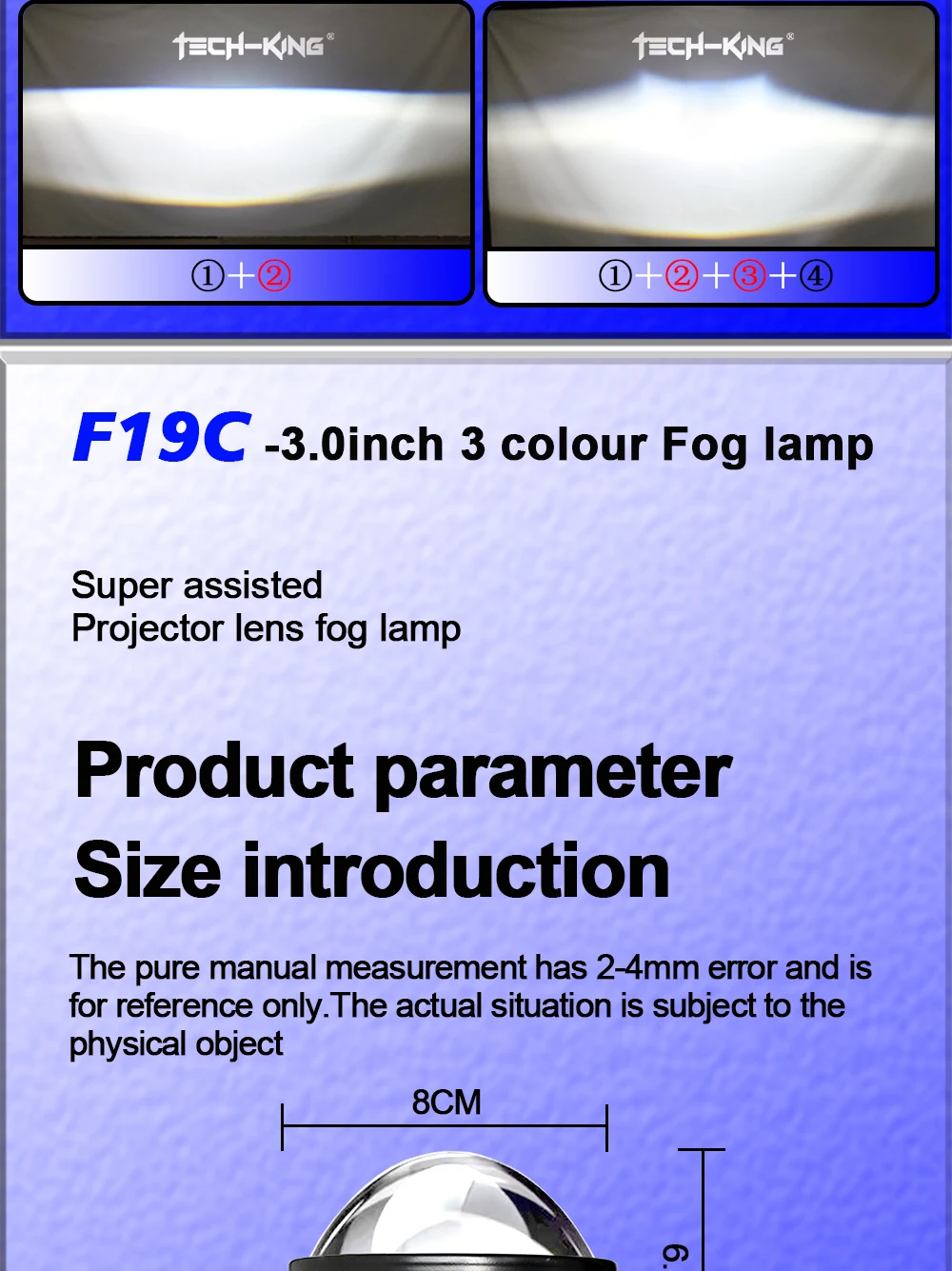 TECH-KING Car 3 inch universal Double beam 12V 3 color led fog/driving lights Retrofit and upgrade lamps led projector for car