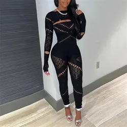 Sexy Mesh Stocking Lingerie Women See Through With Holes Full Sleeve Backless Thin One Piece Jumpsuit