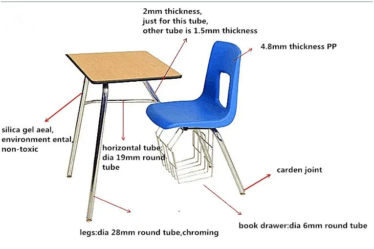 School Tablet Arm Chair Desks With Book Rack Wood Modern Steel Tube Comfortable School Furniture