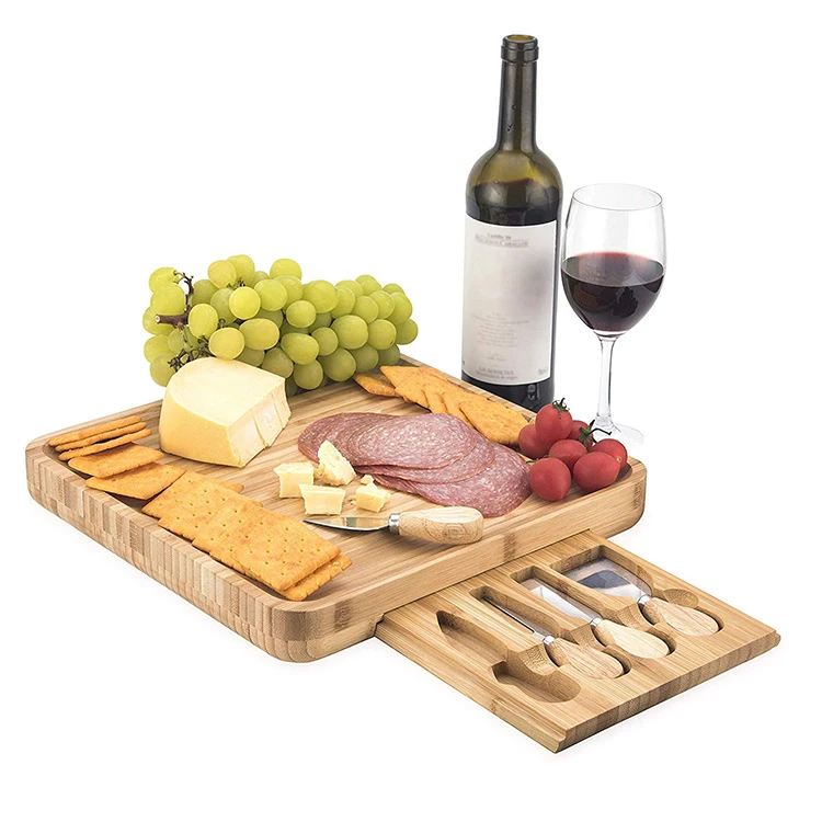 Bamboo Cheese Board Set Magnetic Slide-Out Drawers Charcuterie Plate Set With Ceramic Bowls And Cutlery Knife