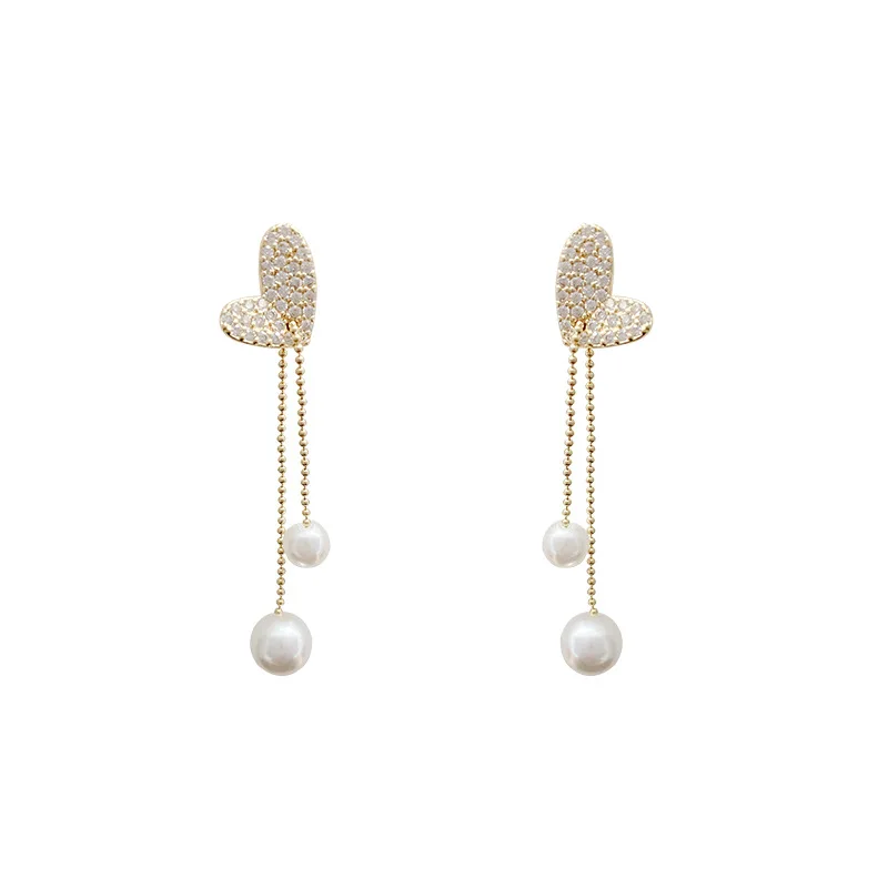 Fashion long tassel pearl zircon love earrings women sense of luxury earring personality exquisite earrings