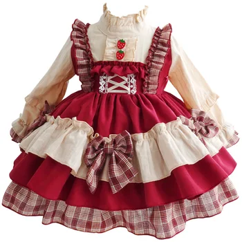 Autumn winter new arrival red strawberry Lolita baby Spanish dress ruffles sleeve girls dresses vintage kids clothes boutiques