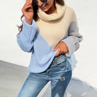 Knitted New Winter 100%Acrylic Color Blocking Knitwear Turtle Neck Knitted Sweater Pullover For Women
