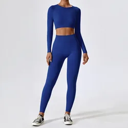 YIYI Long Sleeves Crop Tops Seamless Gym Suits Breathable No See Through Sports Sets Pants Athleisure Elastic 2 piece Yoga Set