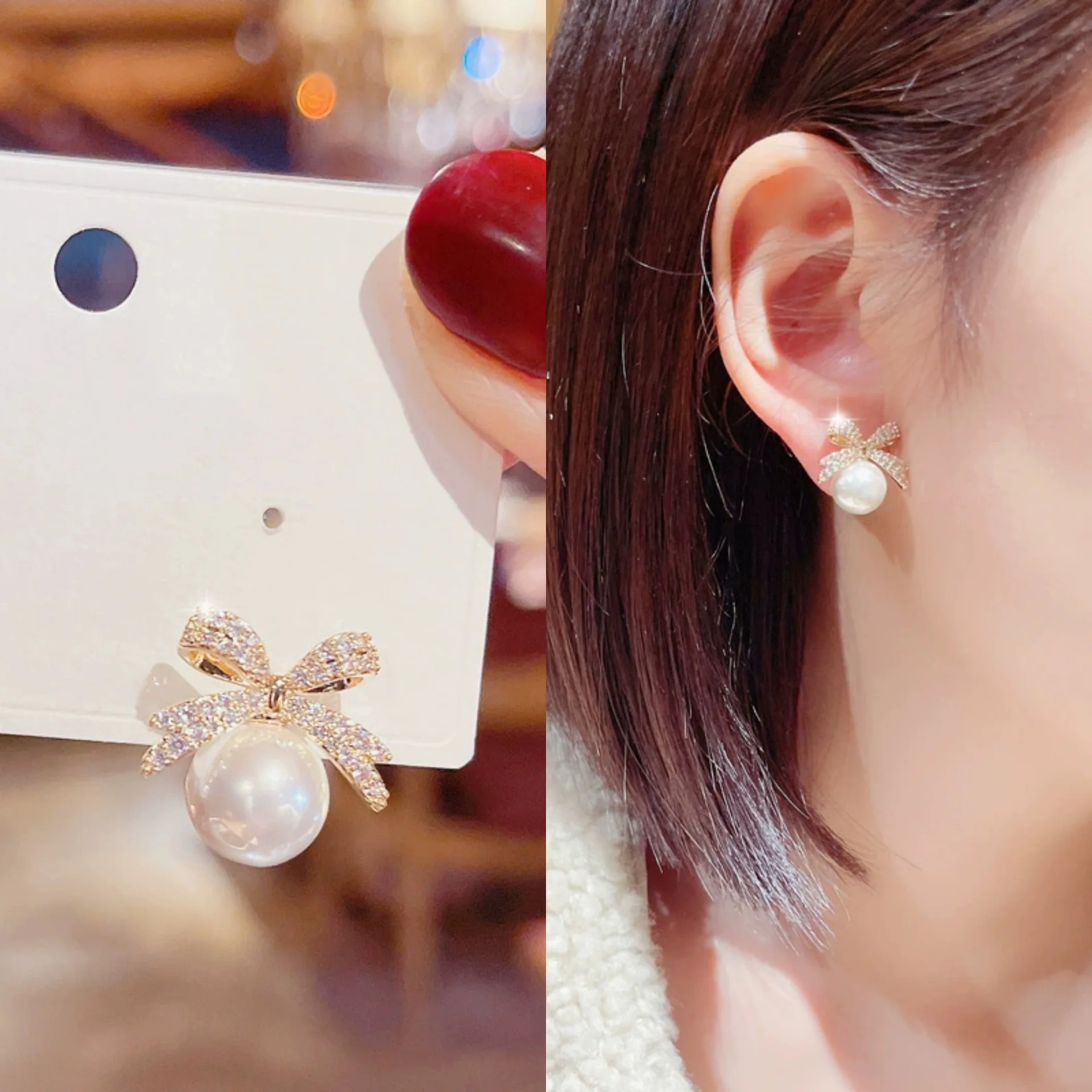Light Luxury Girls Exquisite Cultured Pearl Earrings Crystal Bow Earrings Micro Stud Earring Cultured