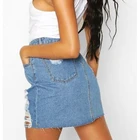 Skirts Mini Wholesale Price Blue Short High Waist Washed Discharge Ripped Solid Women Skirts