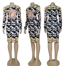 2023 Fashion Print Sexy Short Mini Dresses Long Sleeve Skinny Bodycon Plaid Short Formal Dress Women's Clothes